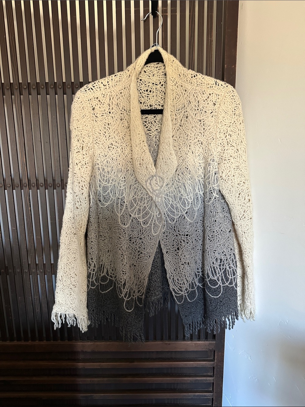 Malo Women's Ombre Cashmere Crochet Knit Shawl Collar Sweater - Cream to Gray